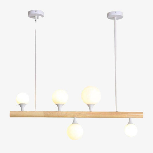 Scandinavische langwerpige LED-kroonluchter in hout en glazen bollen