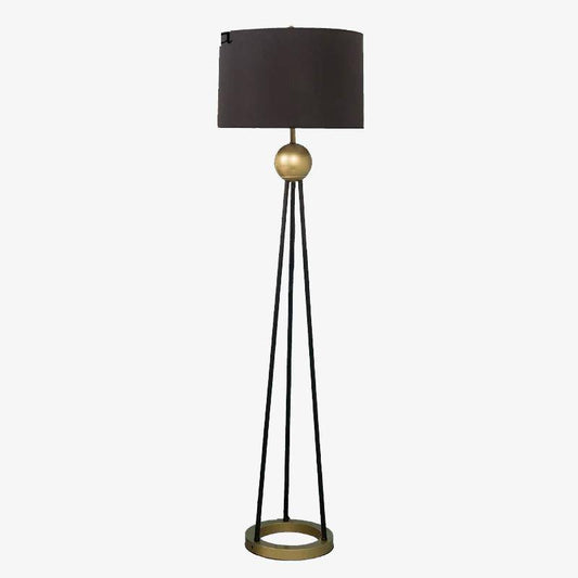 Design LED vloerlamp met drie verbonden poten met gouden bol en stoffen lampenkap