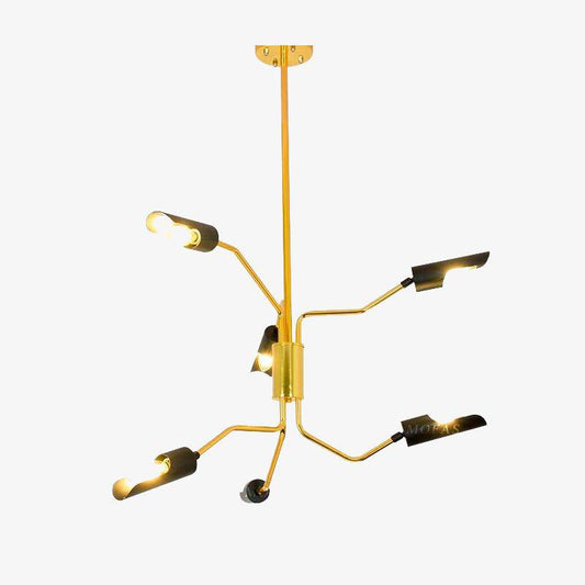 Design LED-kroonluchter met gouden scharnierende armen en zwarte lampen