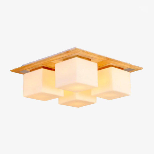 Design houten plafondlamp met rechthoekige lampen