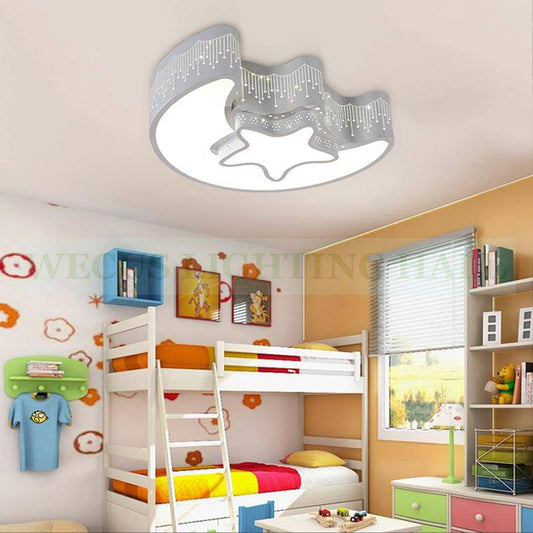 LED kinderplafondlamp in de vorm van een maan en ster, wit en grijs