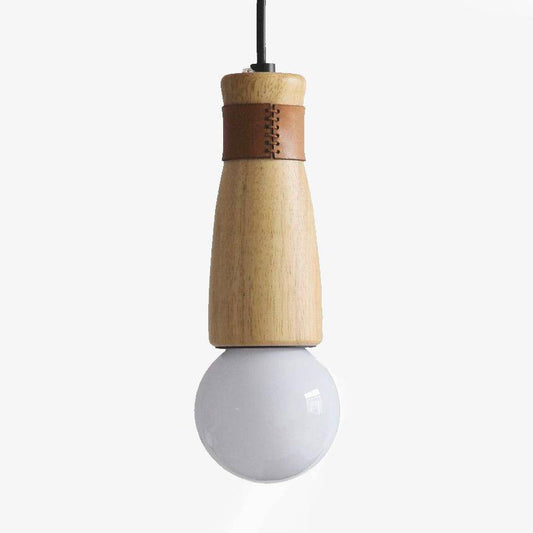 LED-hanglamp in cilindrische houten vormen met kunstleren band
