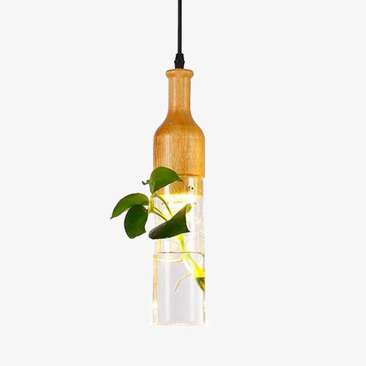 Houten LED hanglamp met plant en flessenwatertank