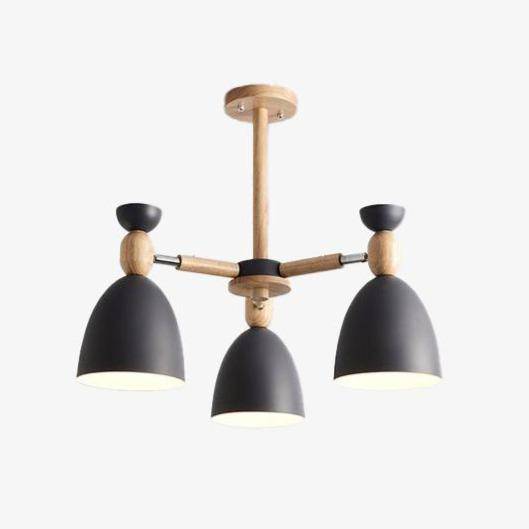 LED-kroonluchter met houten armen en ronde lampenkappen