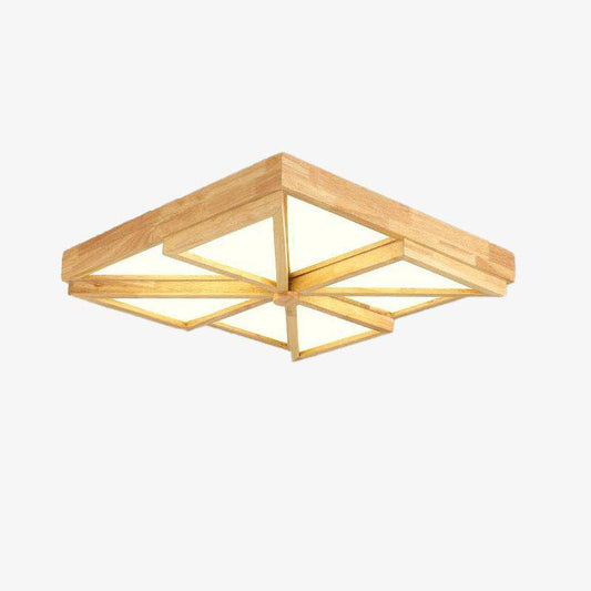Houten plafondlamp in de vorm van een vierkant en driehoeken