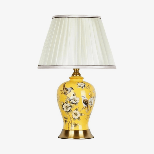 LED-tafellamp van keramiek en bloemen met witte lampenkap in Japanse stijl