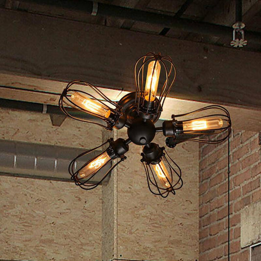 Rustieke plafondlamp met metalen kooilampen